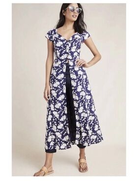 Anthropologie MAEVE Tate Motif Navy Floral Midi Button Down Lattice Dress -4